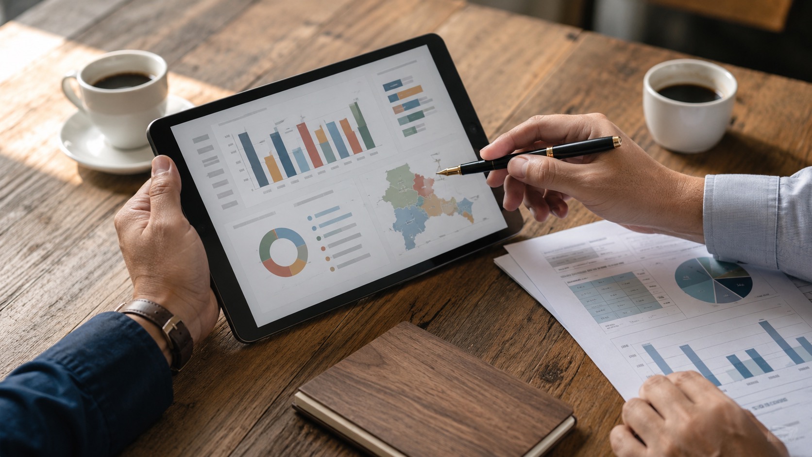 Person analysiert Diagramme auf einem Tablet mit Stift, möglicherweise für die Ferienwohnungsverwaltung.