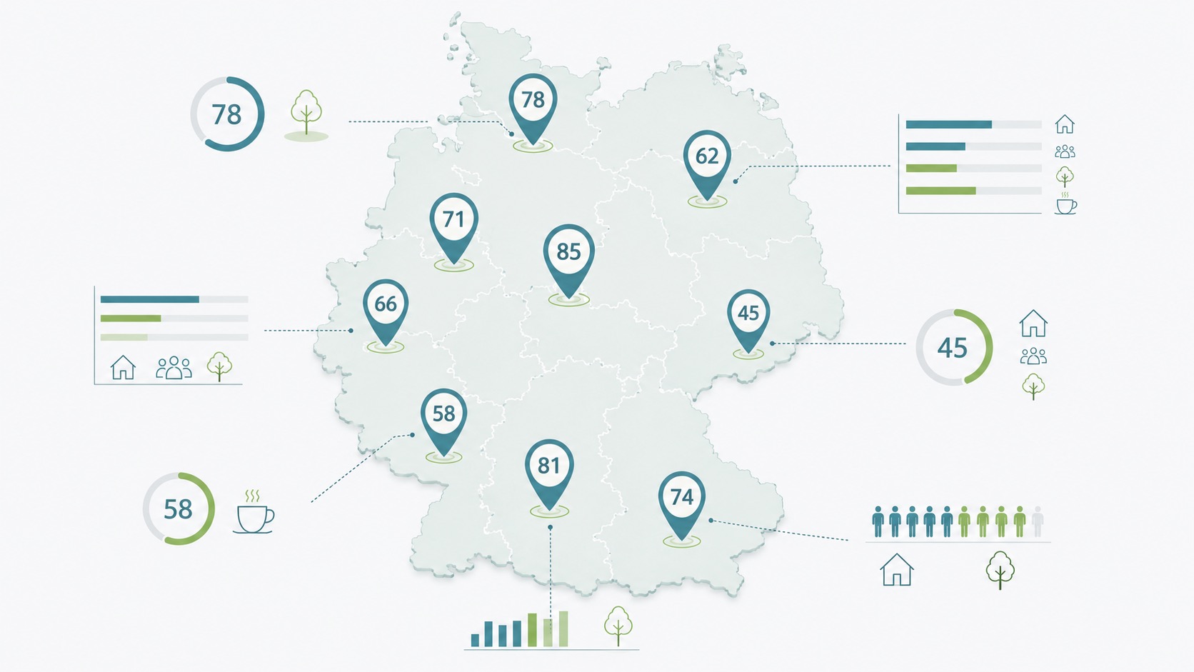Deutschlandkarte mit Markierungen und Infografiken zur Standortanalyse für Ferienwohnungen.