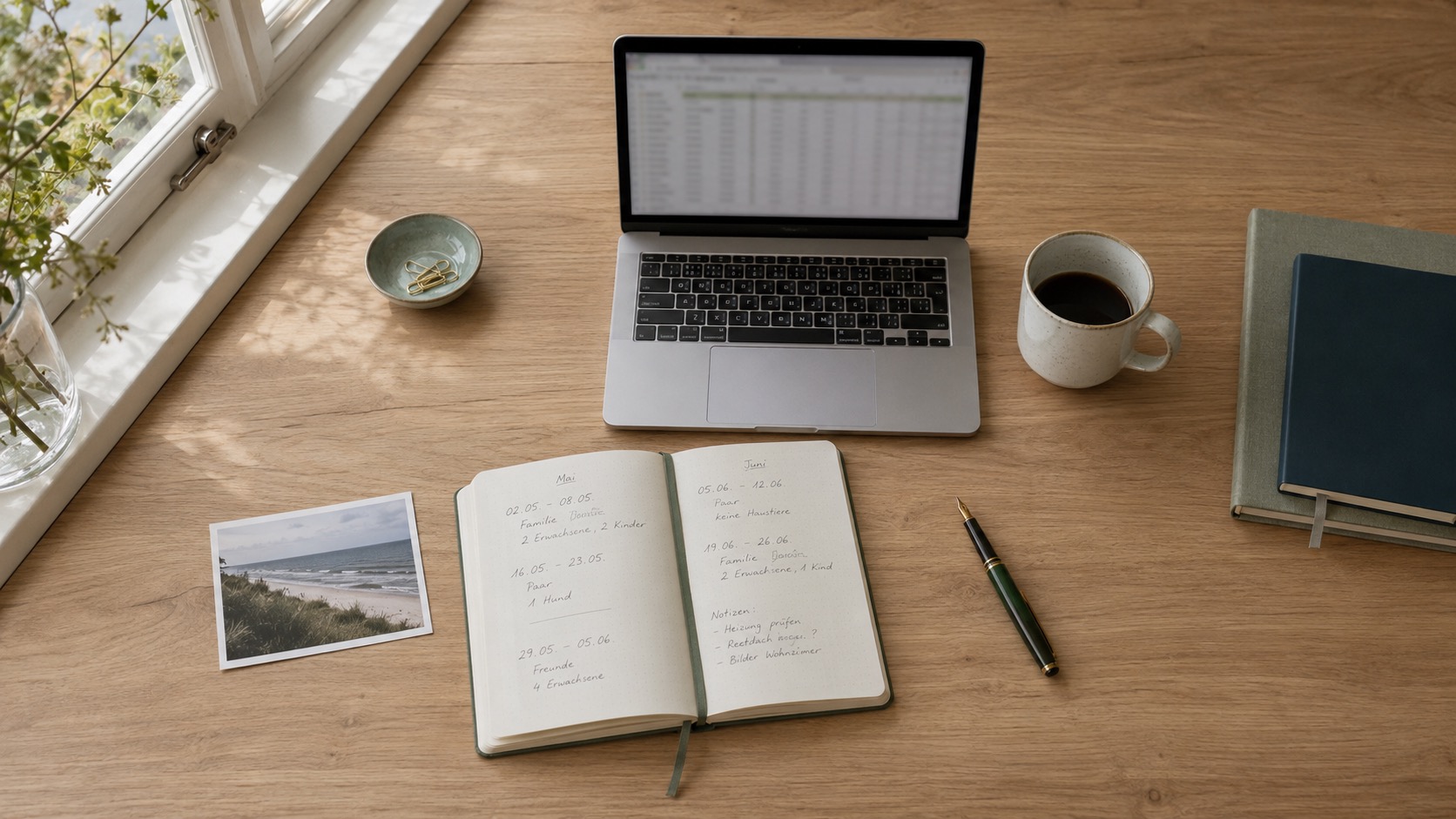 Schreibtisch mit Laptop, geöffnetem Notizbuch, Tasse Kaffee und Urlaubsfoto, möglicherweise für Ferienhausplanung.