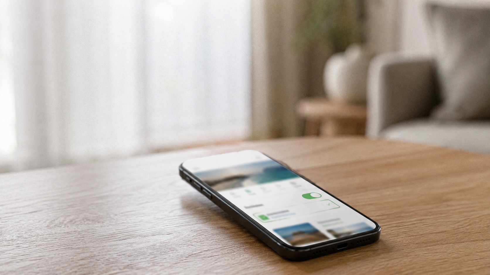 Smartphone auf Holztisch zeigt App zur Ferienhausverwaltung.