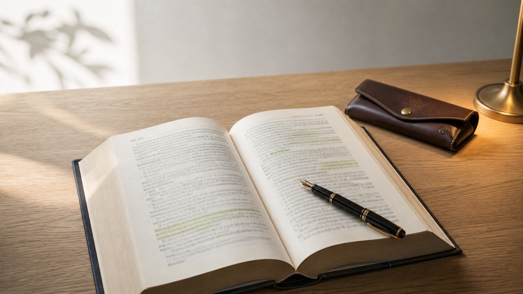 Aufgeschlagenes Buch mit Textmarker-Hervorhebungen und einem Stift auf einem Holztisch.