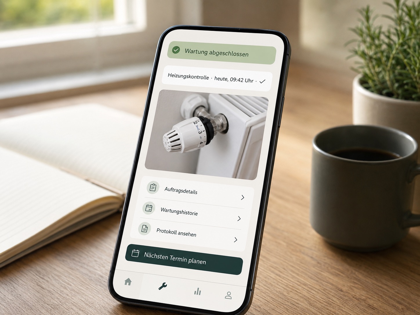 Smartphone zeigt App-Fenster mit Heizkörper-Wartungsprotokoll, relevant für die Ferienhausverwaltung durch Favorent.