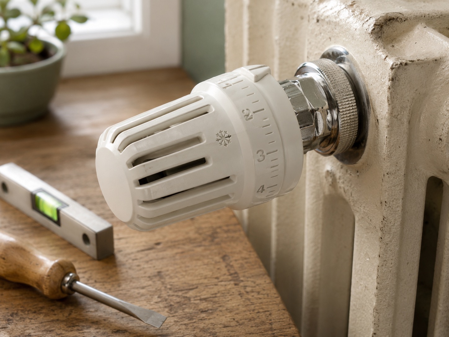 Heizkörperventil mit Thermostat, Wasserwaage und Schraubenzieher auf Holzbrett, relevant für die Wartung von Ferienwohnungen.