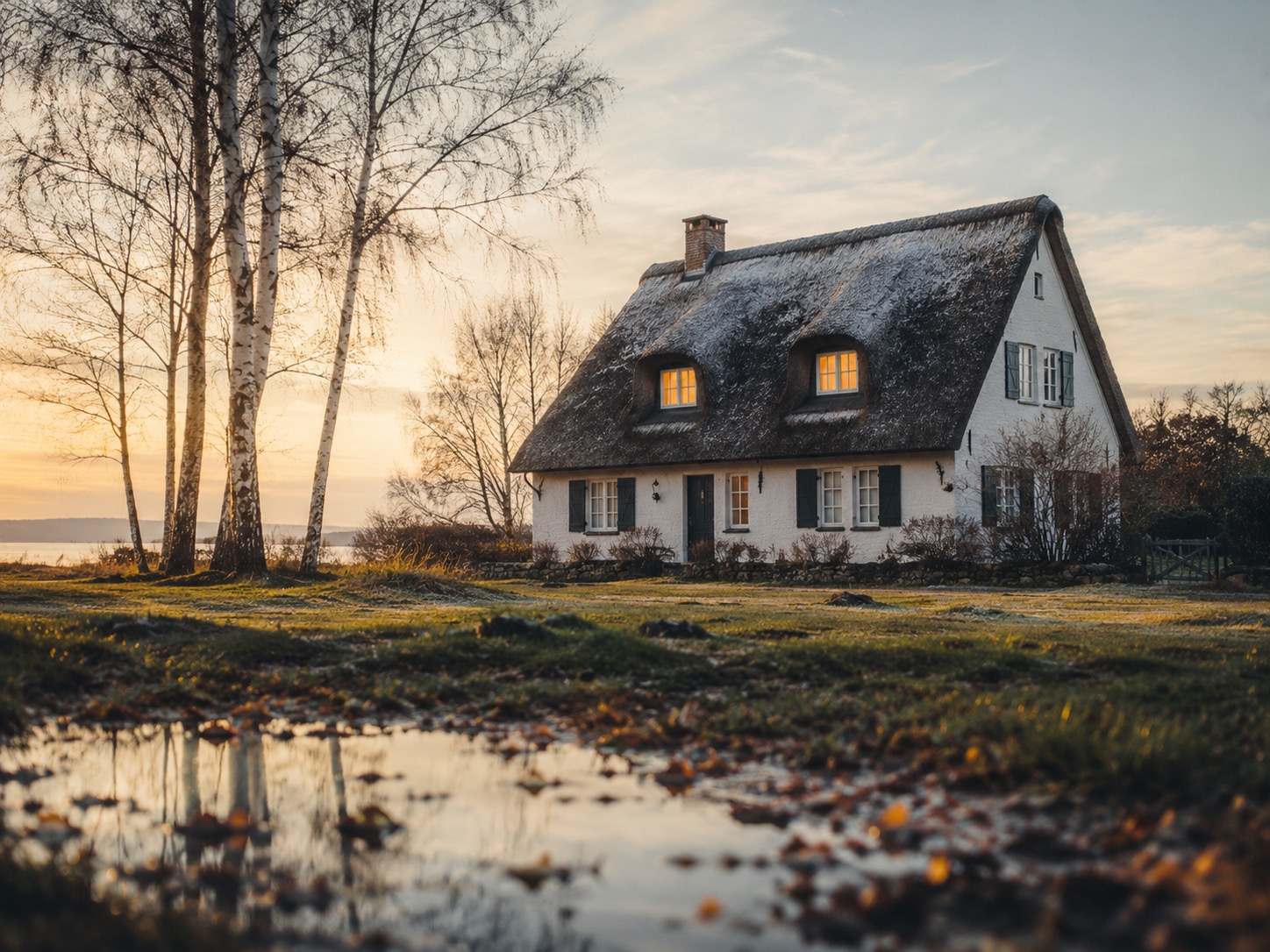 Reetgedecktes Ferienhaus mit weißen Wänden und dunklen Fensterläden im spätherbstlichen Licht, reflektiert in einer Wasserlache.