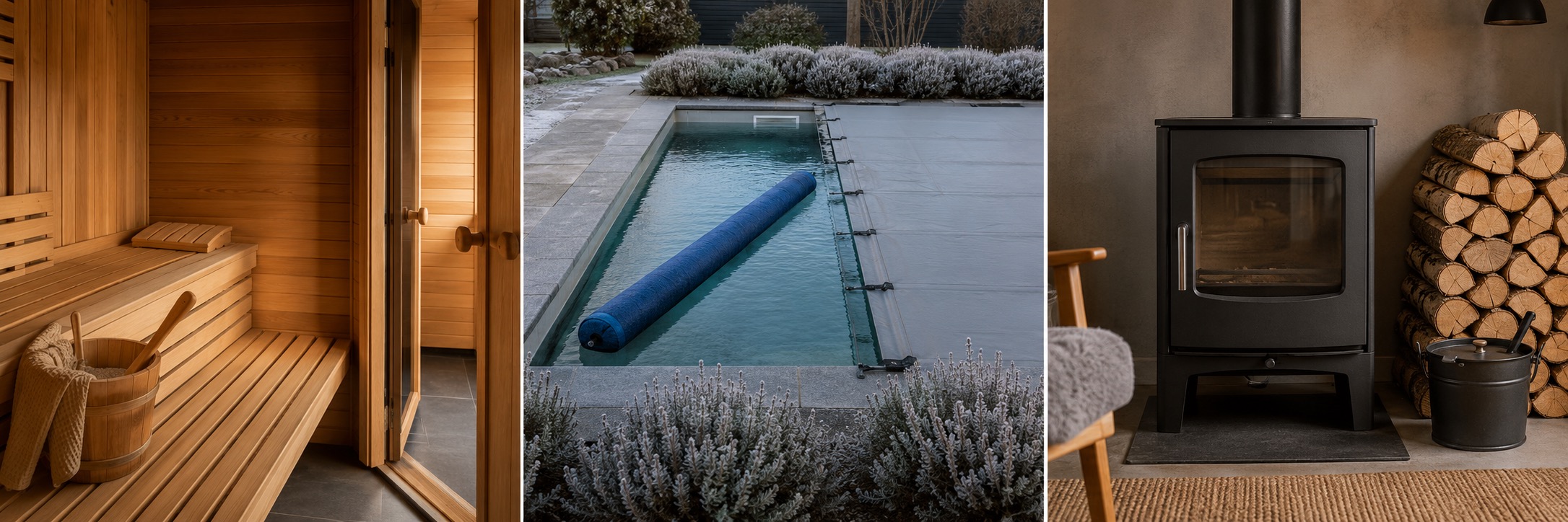 Sauna, abgedeckter Pool und Kaminofen zeigen Annehmlichkeiten eines winterfesten Ferienhauses.