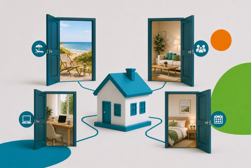 Ferienhaus-Modell mit vier offenen Türen: Strand, Wohnzimmer, Schlafzimmer und Büro.