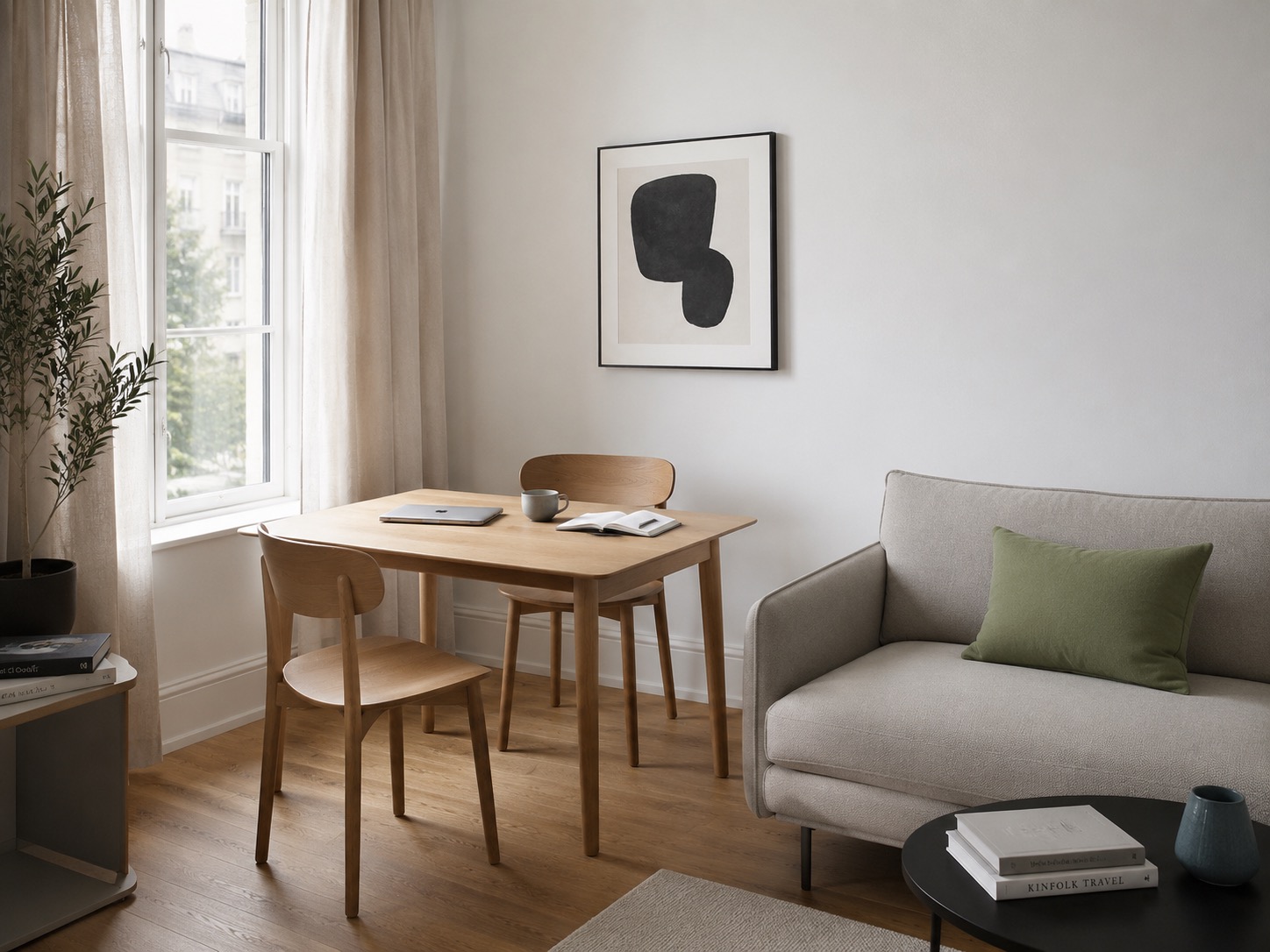 Helle Ferienwohnung zeigt Esstisch mit Laptop und Buch neben beigem Sofa.