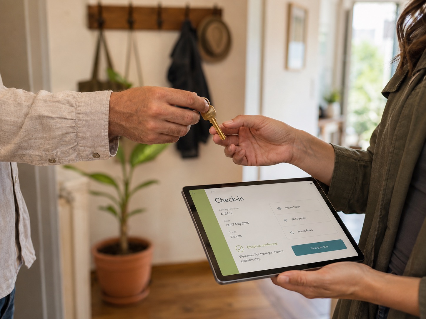 Schlüsselübergabe und Check-in auf Tablet für Ferienwohnungsverwaltung durch Favorent.