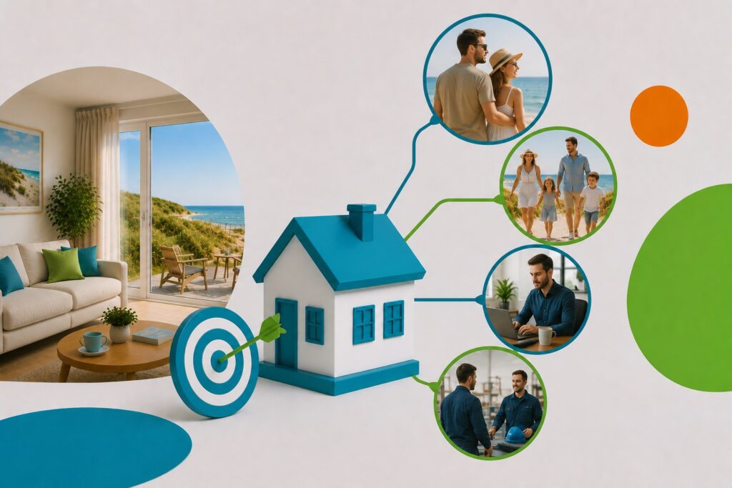 Blaues Zielscheiben-Symbol mit Pfeil zielt auf ein Ferienhaus, umgeben von Urlaubsgruppen und Wohnungseinrichtung.