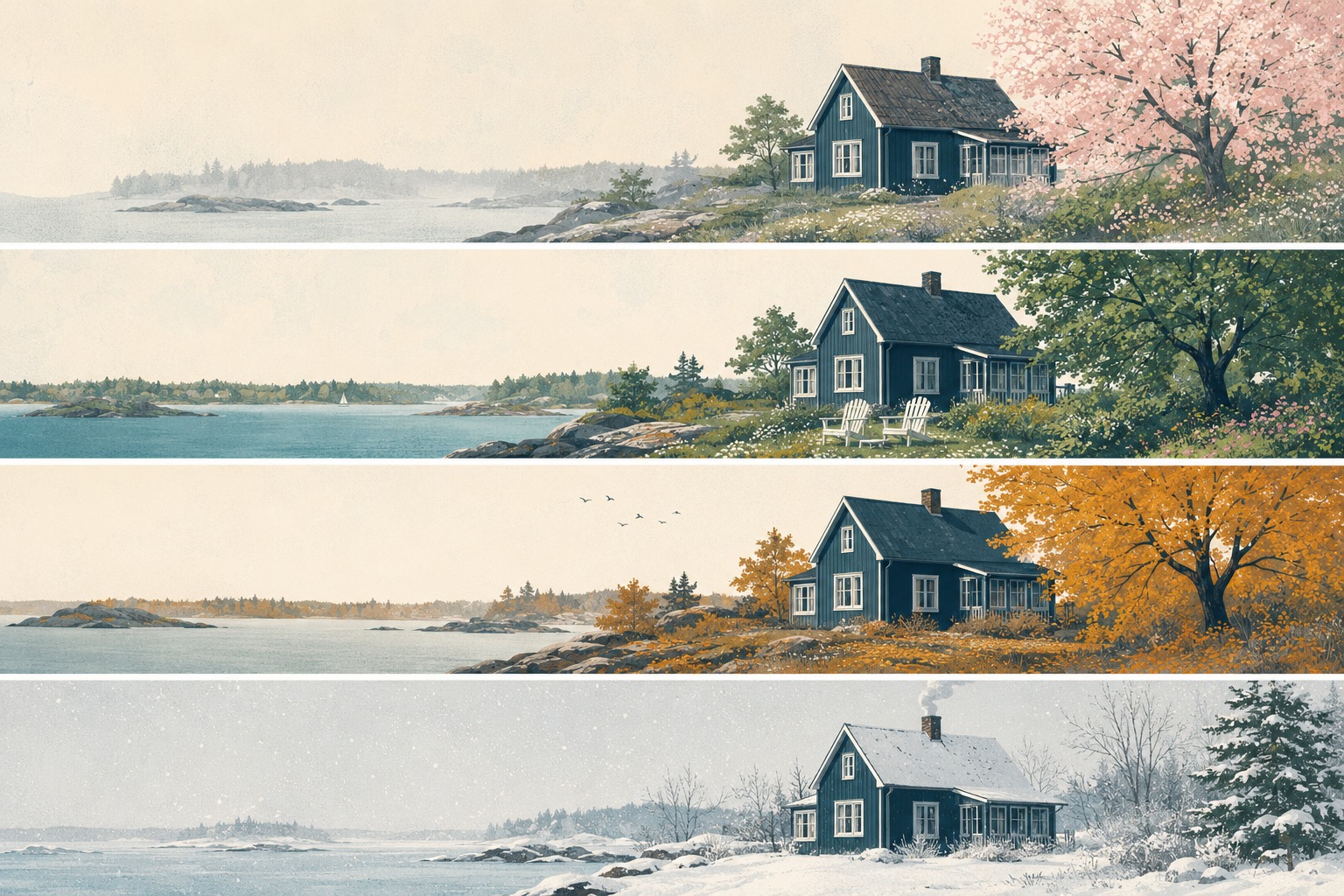 Ferienhaus-Ansicht in vier Jahreszeiten: Frühling mit rosa Baum, Sommer mit Gartenstühlen, Herbst mit gelben Blättern, Winter mit Schnee.
