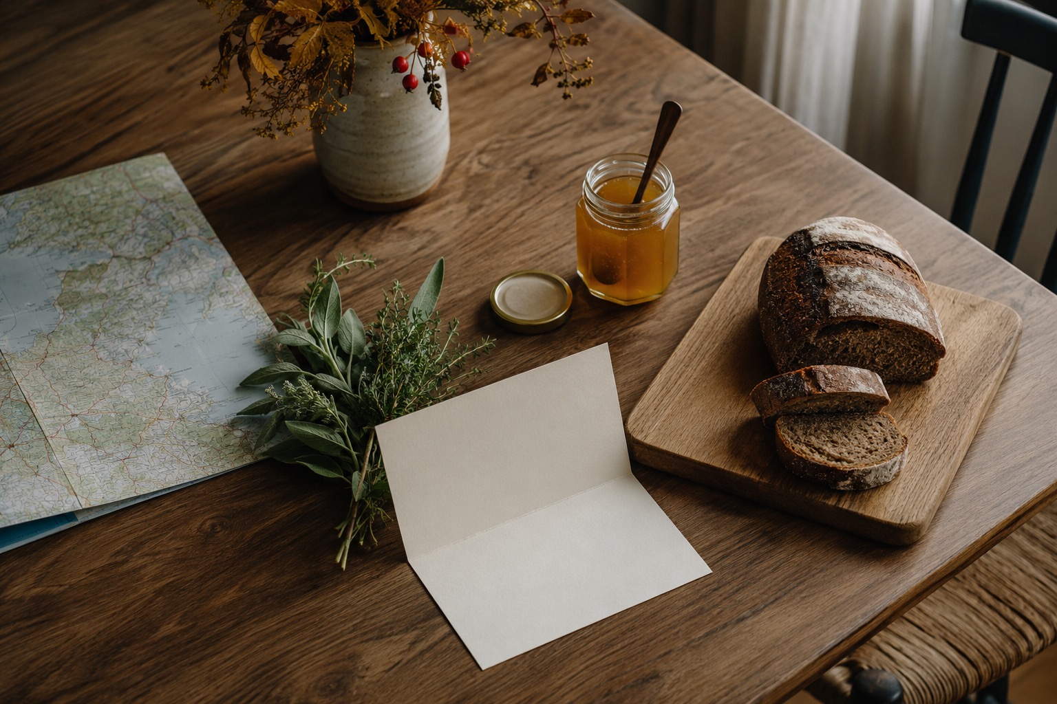 Rustikaler Tisch mit Brot, Marmelade, Kräutern und Karte für einladende Ferienwohnungen.