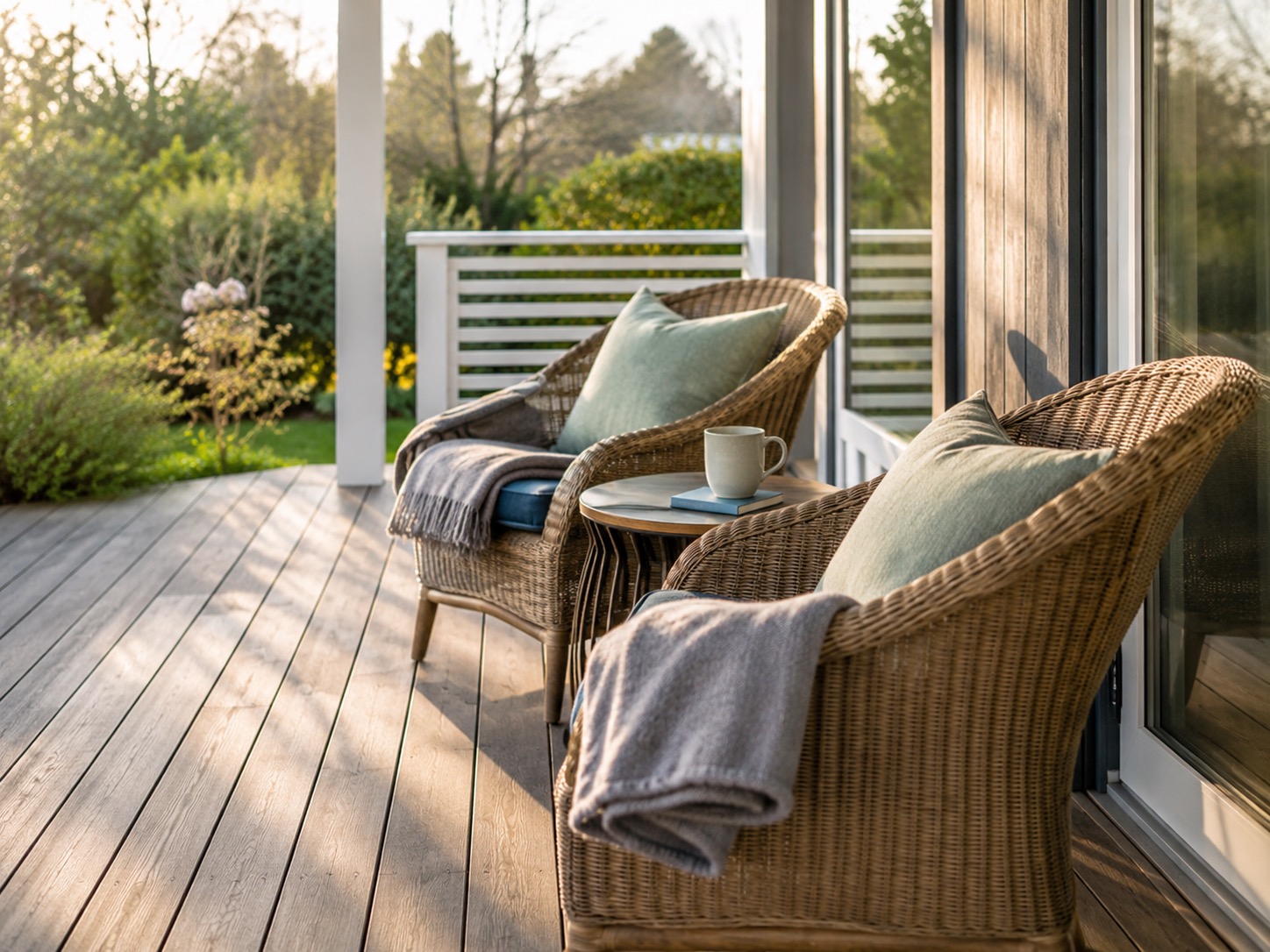 Zwei Korbsessel mit Kissen und Decken auf einer Holzveranda, bereit für die Gäste im Ferienhaus.