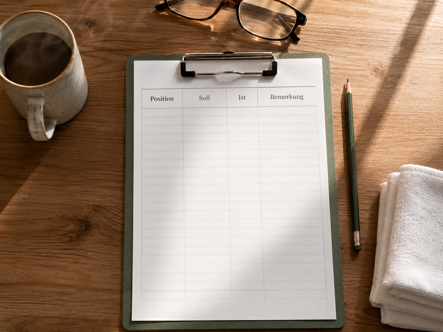 Inventurliste auf Klemmbrett neben Tasse Kaffee und Brille, für Favorent Ferienobjekte.