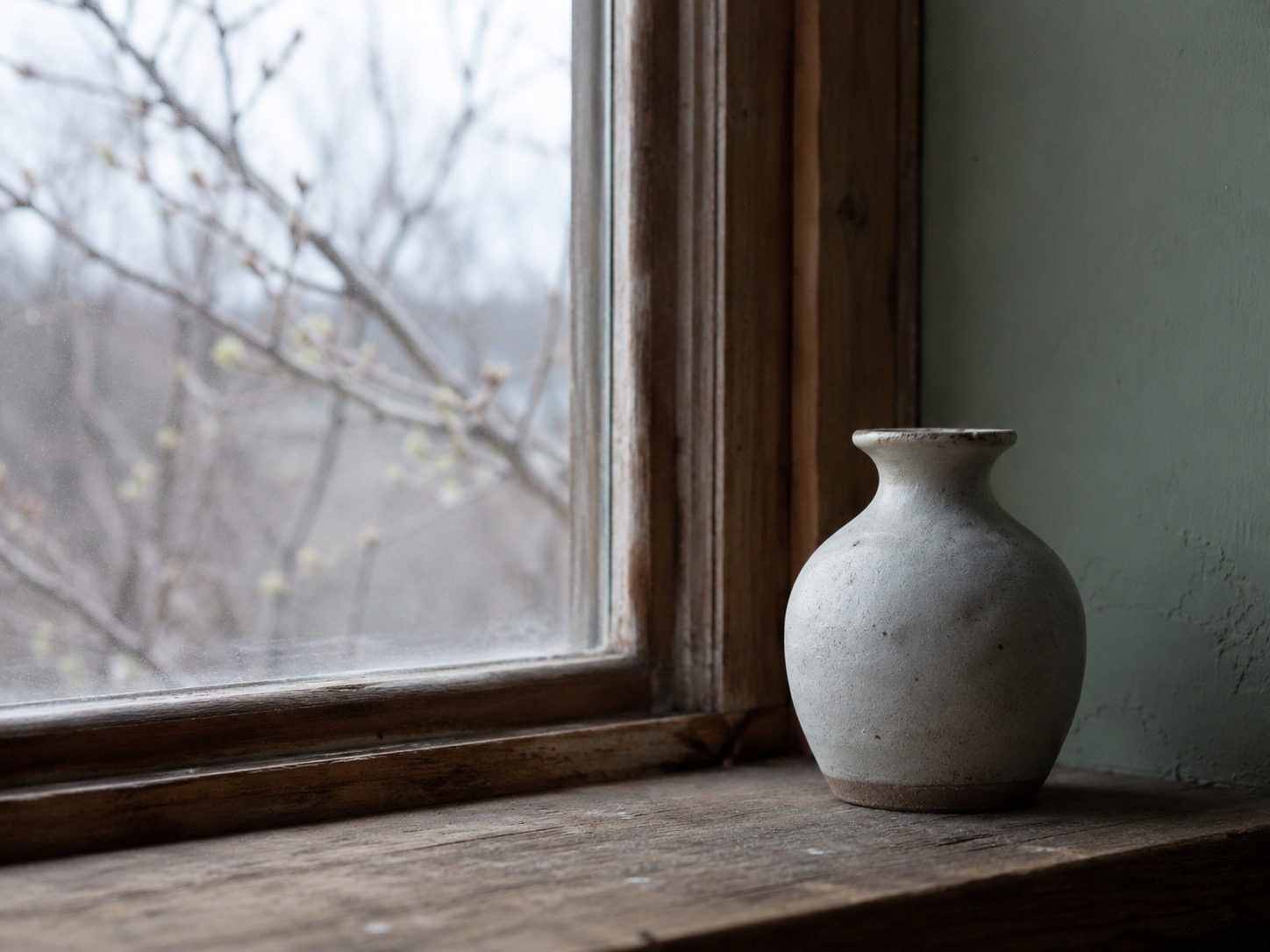 Keramikvase steht auf Fensterbrett; Bäume im Hintergrund sichtbar.