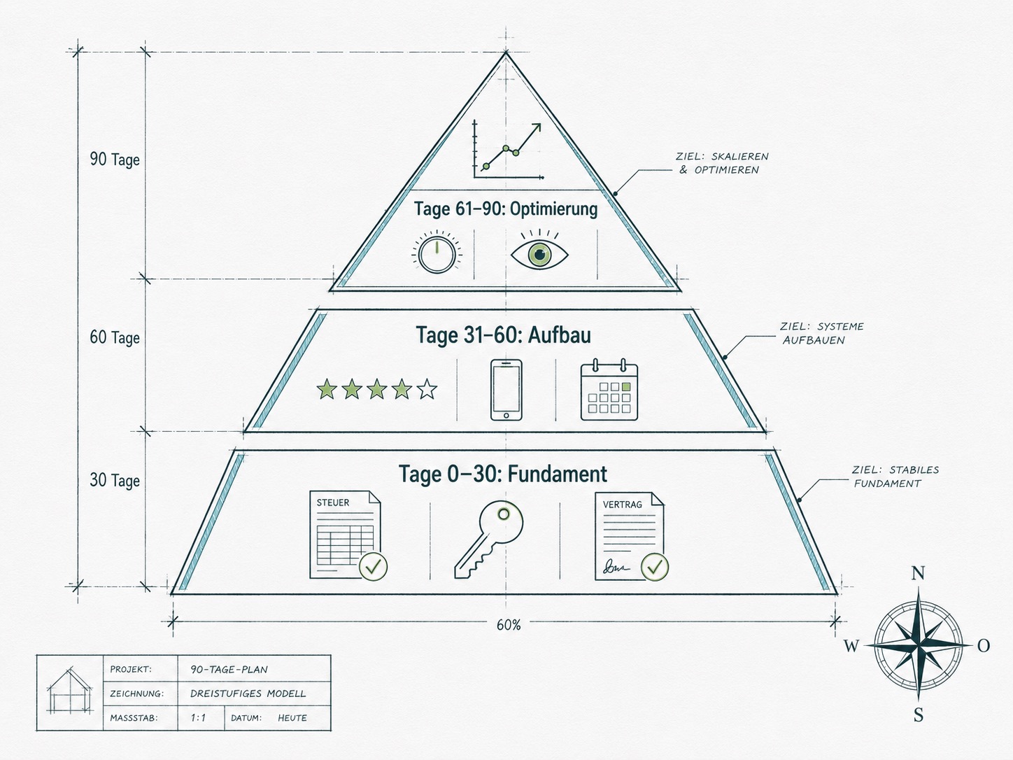 Dreistufige Pyramide zeigt 90-Tage-Plan mit Phasen für Ferienwohnungs-Fundament, Aufbau und Optimierung.
