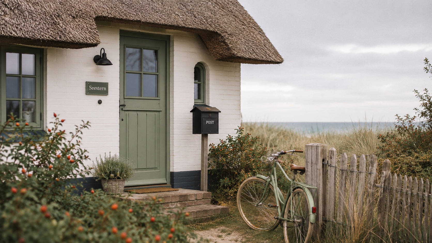 Reetdachhaus mit grüner Tür und Fahrrad vor Holzzaun an der Ostsee.