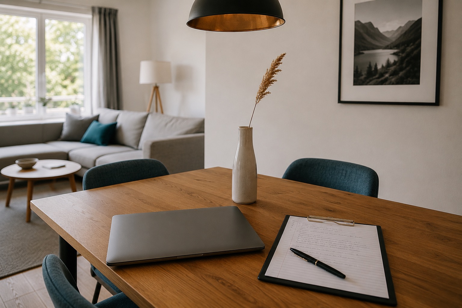 Schreibtisch mit Laptop und Dokumenten im modernen Ferienhaus, Favorent im Blick.