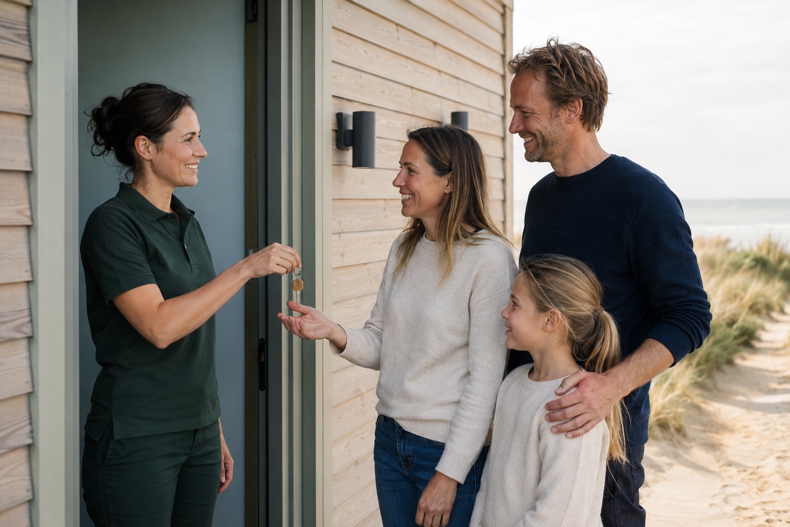 Schlüsselübergabe an Familie vor Ferienhaus; Favorent übernimmt die Ferienhausverwaltung.