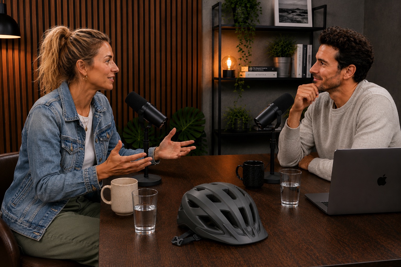 Frau und Mann sprechen am Mikrofon; Fahrradhelm auf dem Tisch.
