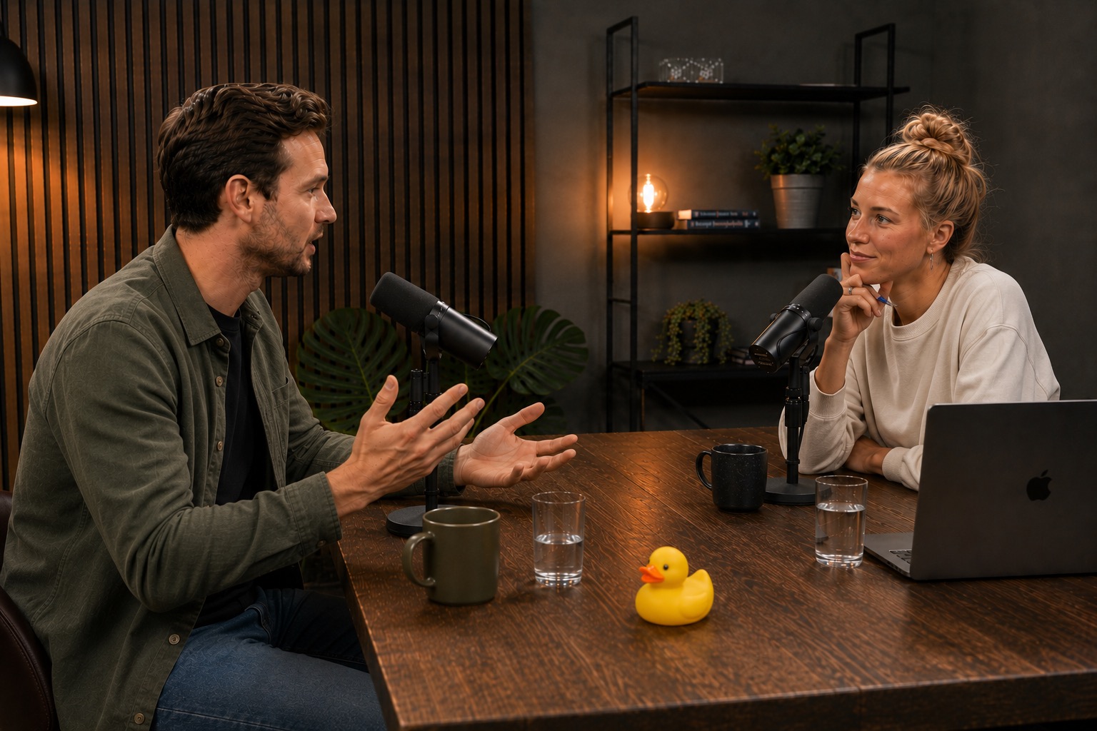 Mann gestikuliert während Podcast-Aufnahme über Ferienhaus-Management.