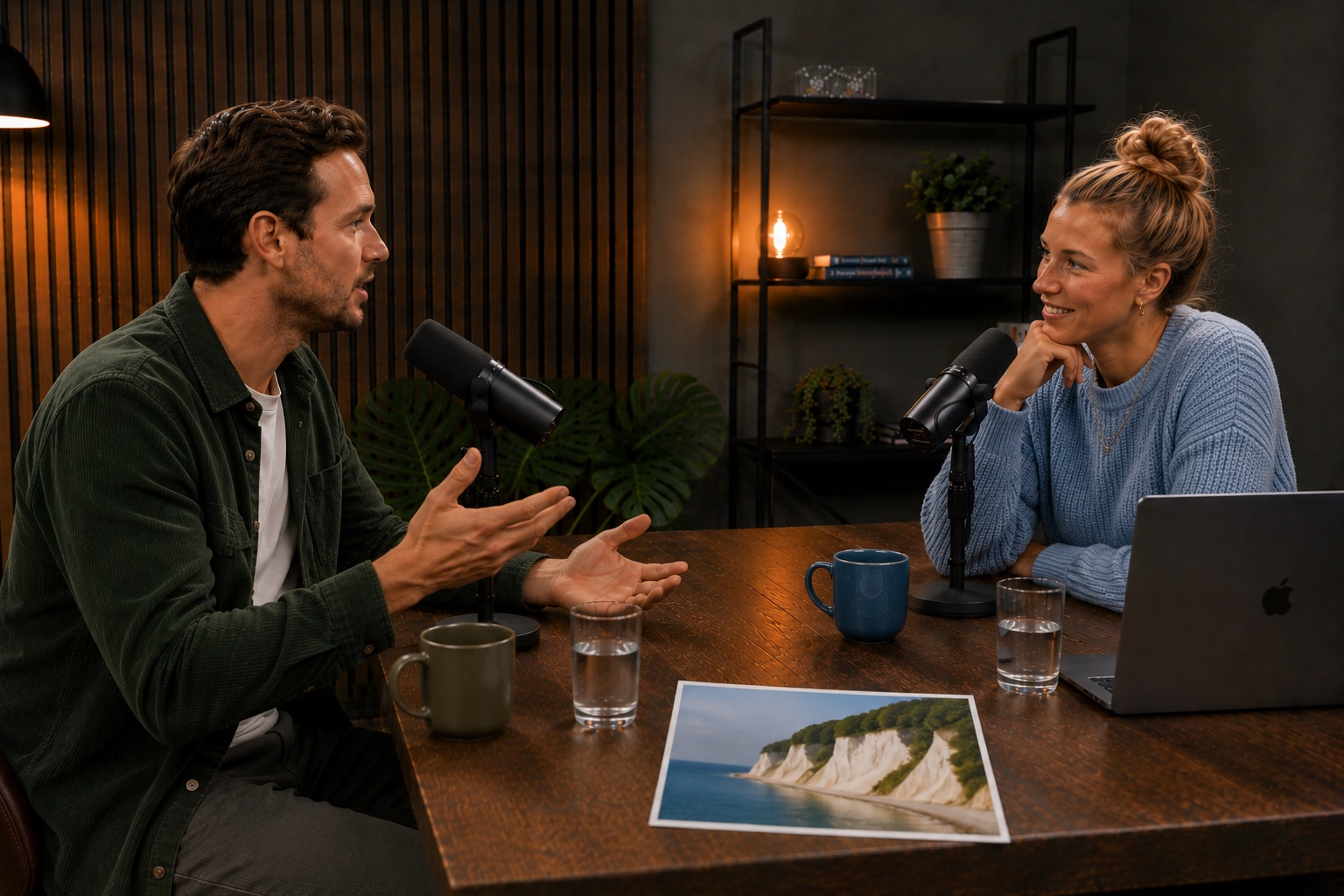 Mann und Frau sprechen in Mikrofonen, Podcast über Ferienhausvermietung Rügen mit Favorent.