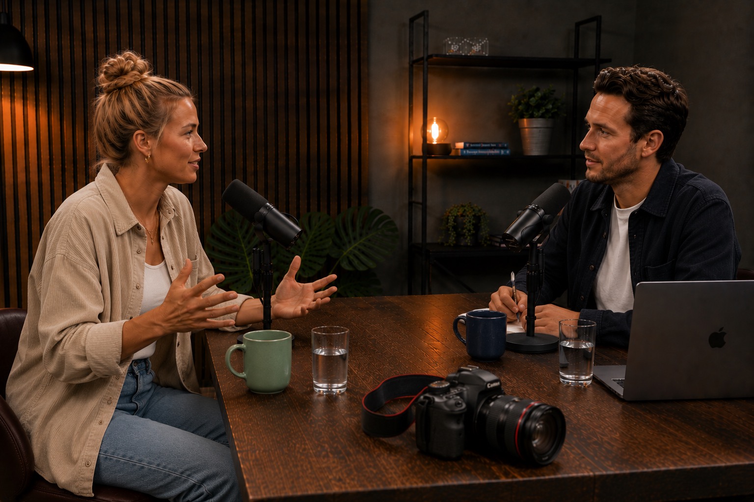 Frau gestikuliert während Podcast-Aufnahme über Ferienwohnungen mit Favorent-Experte.