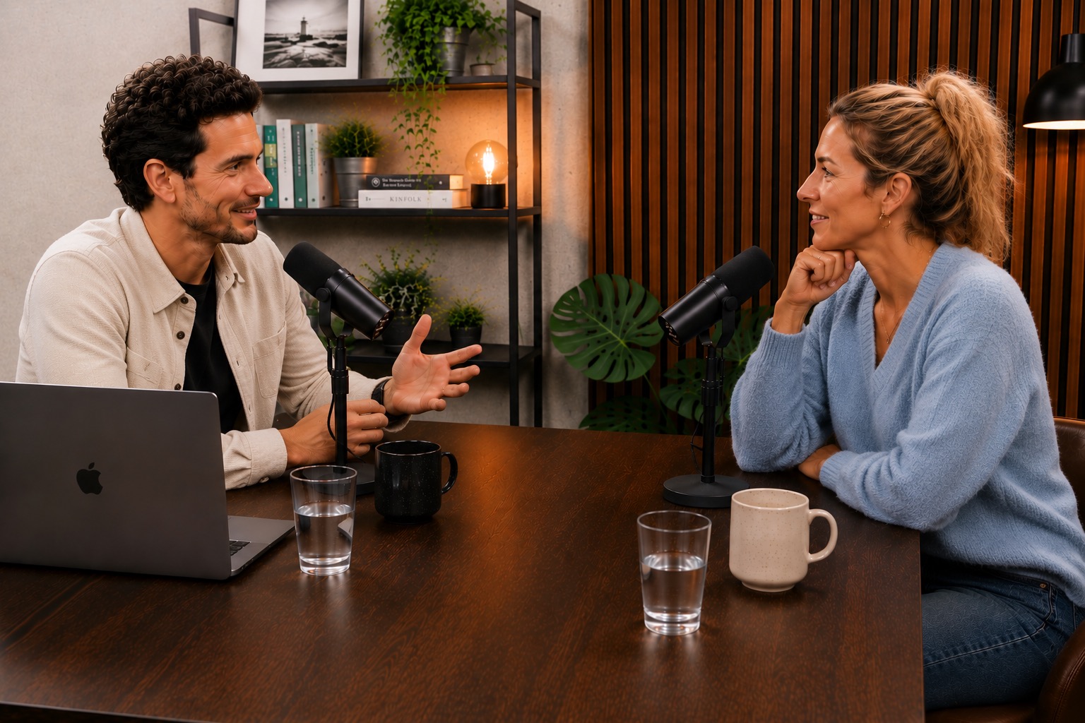 Podcast-Aufnahme mit zwei Personen, die über Mikrofon sprechen; Thema könnte Ferienhausvermietung via Favorent sein.