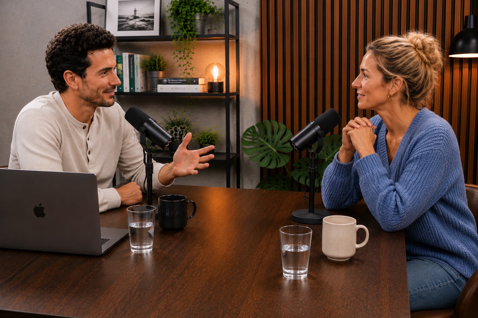 Mann und Frau sprechen in einem Favorent-Podcast über die Verwaltung von Ferienwohnungen.