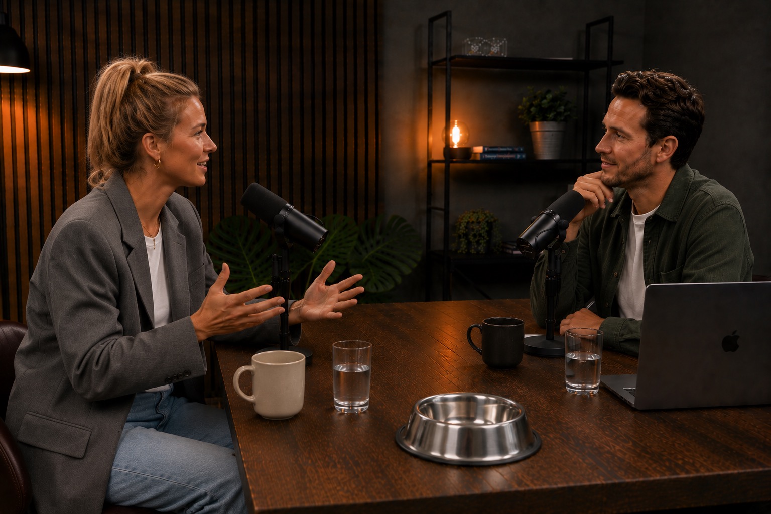 Frau und Mann sprechen in einem Podcast über Haustiere in Ferienwohnungen.