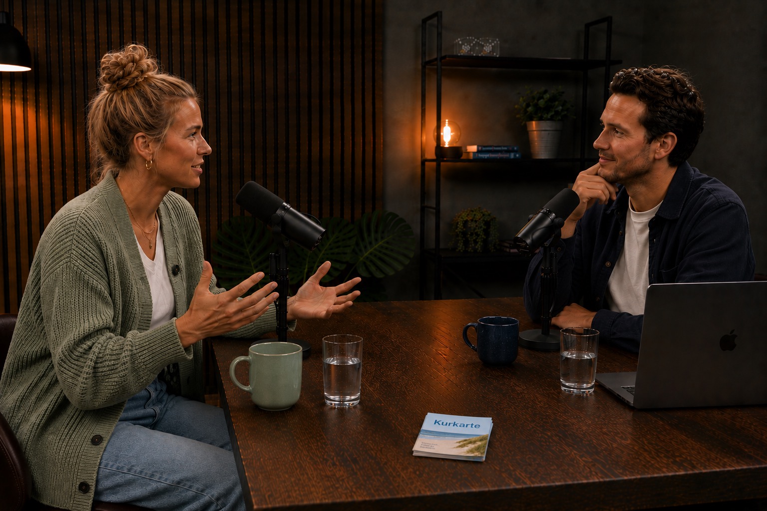 Zwei Personen diskutieren über die Kurtaxe für Ferienwohnungen während eines Favorent Podcasts.