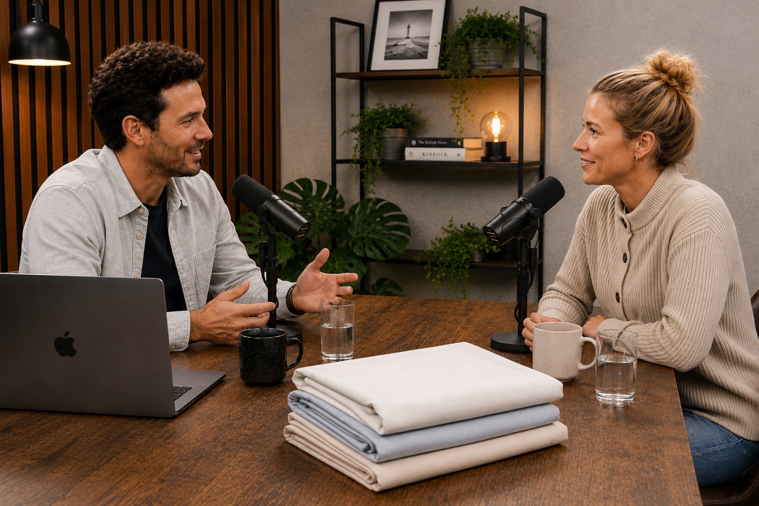 Podcastaufnahme mit zwei Personen, Mikrofonen und Textilstapel auf dem Tisch, relevant für die Ferienwohnungsvermietung.