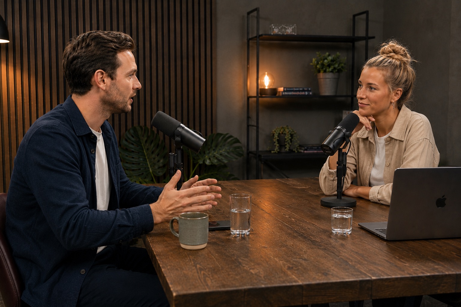 Frau und Mann sprechen in einem Podcast über Ferienhaus-Management mit Favorent.