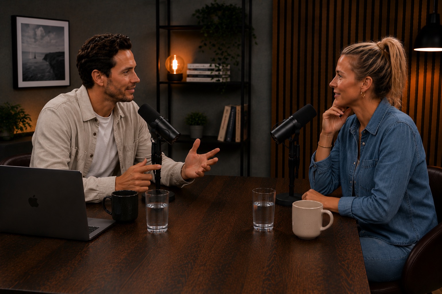 Mann und Frau sprechen in einem Podcast über die Preisgestaltung von Ferienwohnungen.