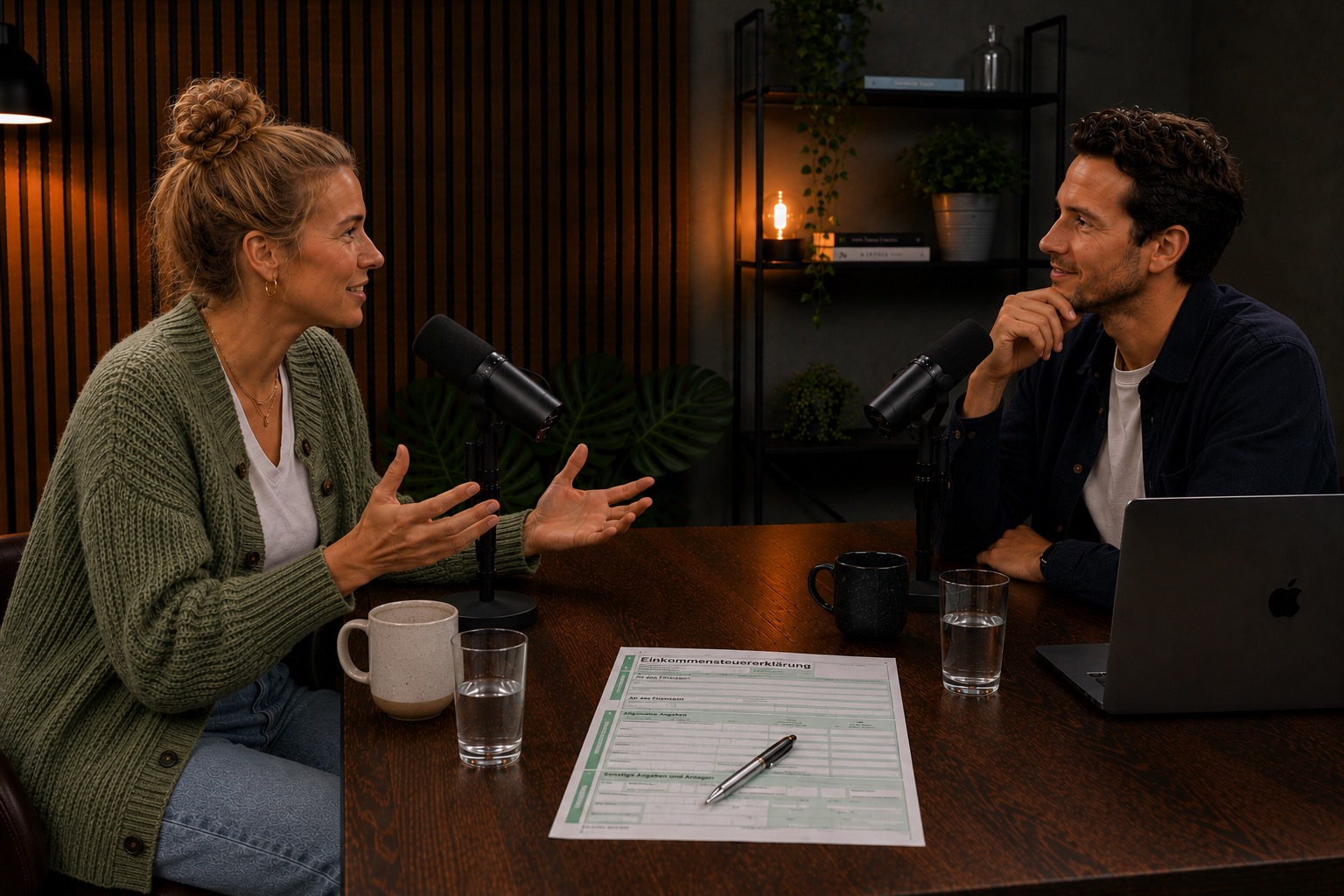 Frau und Mann diskutieren über Steuererklärung für Ferienwohnung im Podcast-Studio.