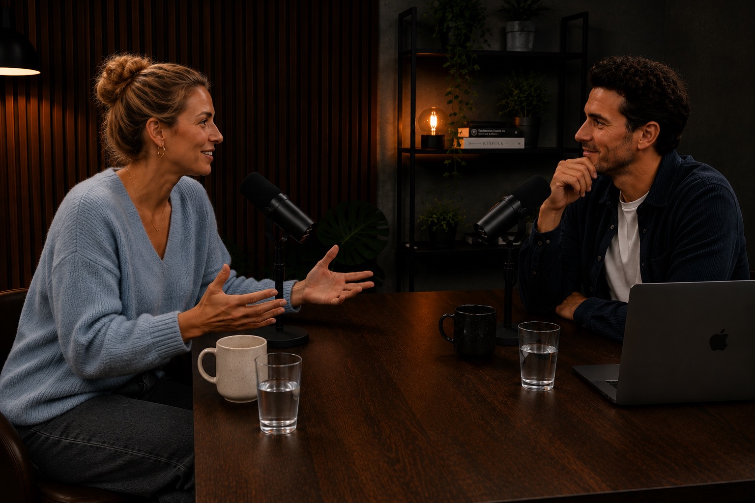 Frau gestikuliert beim Gespräch mit Mann am Tisch mit Mikrofonen für Favorents Podcast über Ferienhausverwaltung.