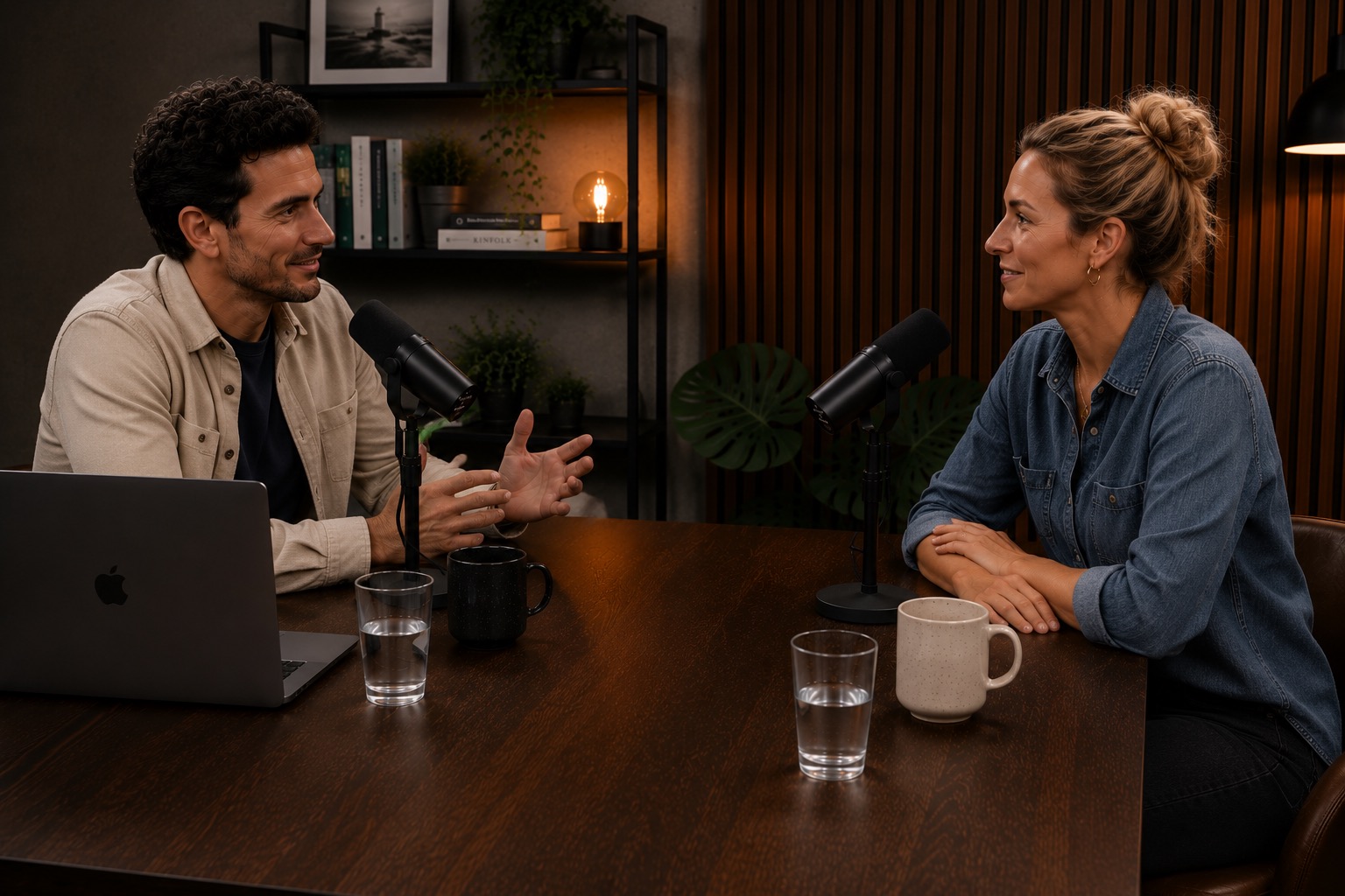 Mann und Frau sprechen am Mikrofon; Podcast über Ferienhausverwaltung mit Favorent.