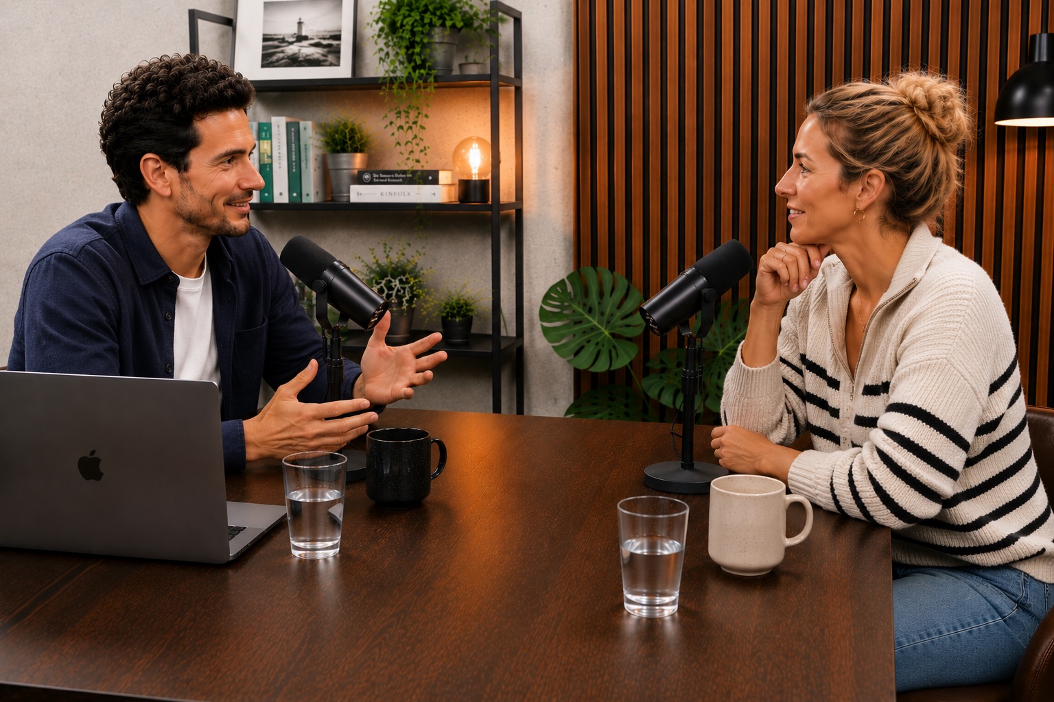 Zwei Personen sprechen in einem Podcast über Ferienwohnungen und Ferienhausverwaltung.