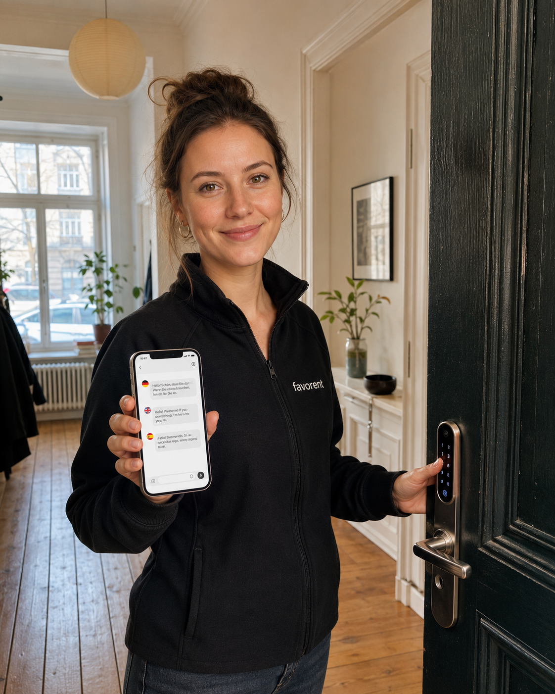 Favorent-Service: digitaler, mehrsprachiger Check-in an einer Berliner Ferienwohnung