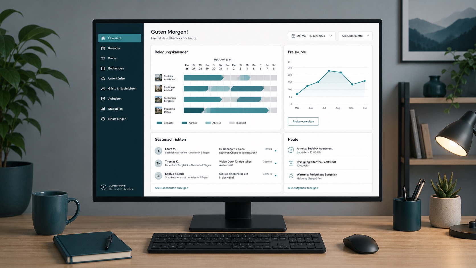 Ein Computermonitor zeigt das digitale Dashboard von Favorent zur übersichtlichen Verwaltung von Ferienimmobilien.