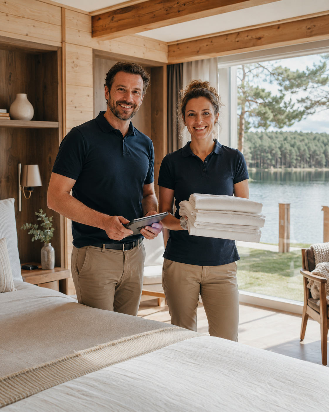Vor-Ort-Team von Favorent an einer Ferienwohnung am See in Brandenburg