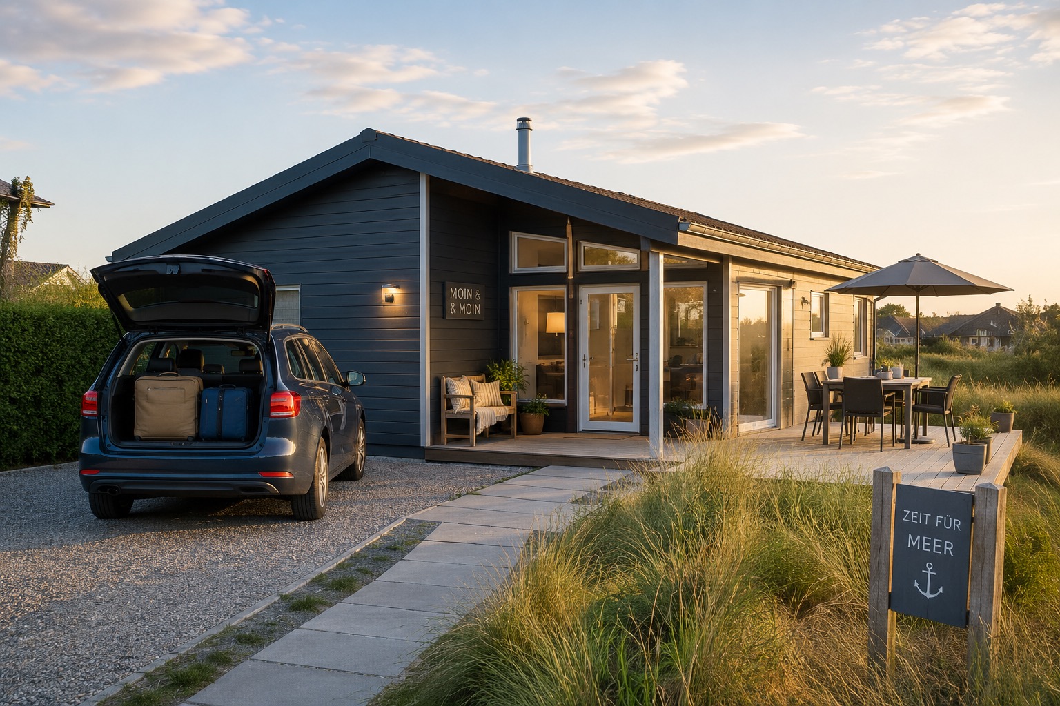 Gäste parken ihr Auto vor einem modernen Ferienhaus, das durch Favorent für einen entspannten Urlaub bereitsteht.