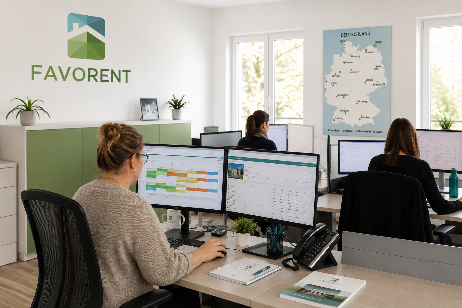 Mitarbeiter von Favorent bearbeiten Belegungspläne für die professionelle Verwaltung von Ferienhäusern am Computer.
