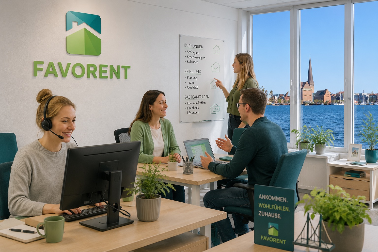 Das Favorent-Team koordiniert in einem Büro mit Hafenblick die Verwaltung und Reinigung von Ferienhäusern.
