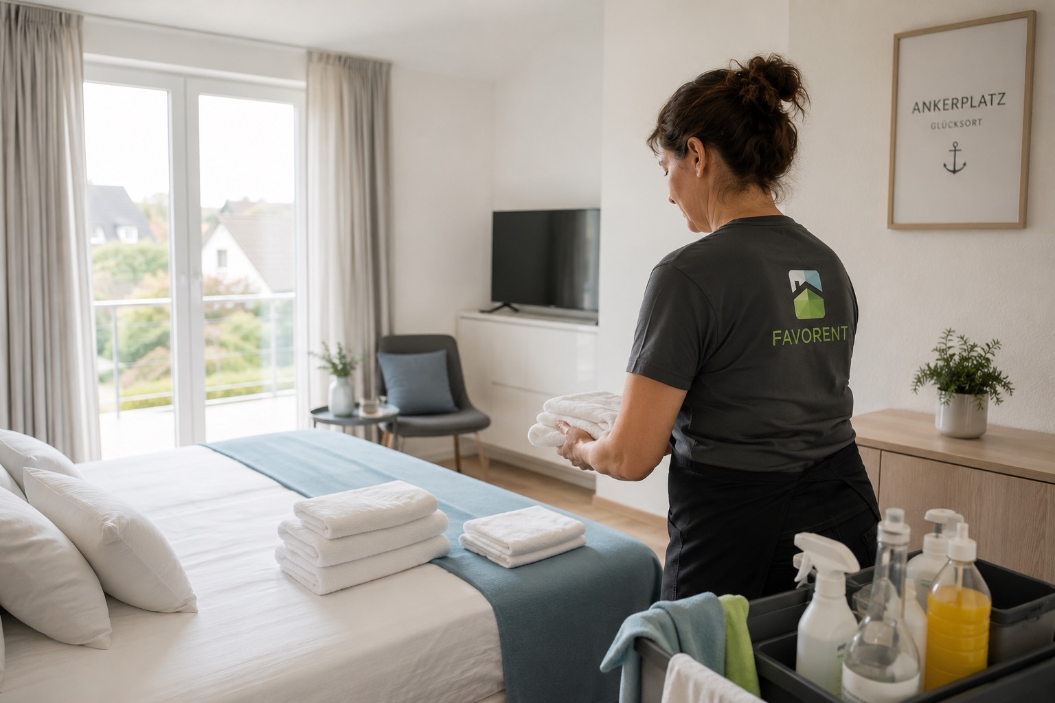 Eine Mitarbeiterin von Favorent bereitet frische Handtücher für die professionelle Pflege eines Ferienhauses vor.
