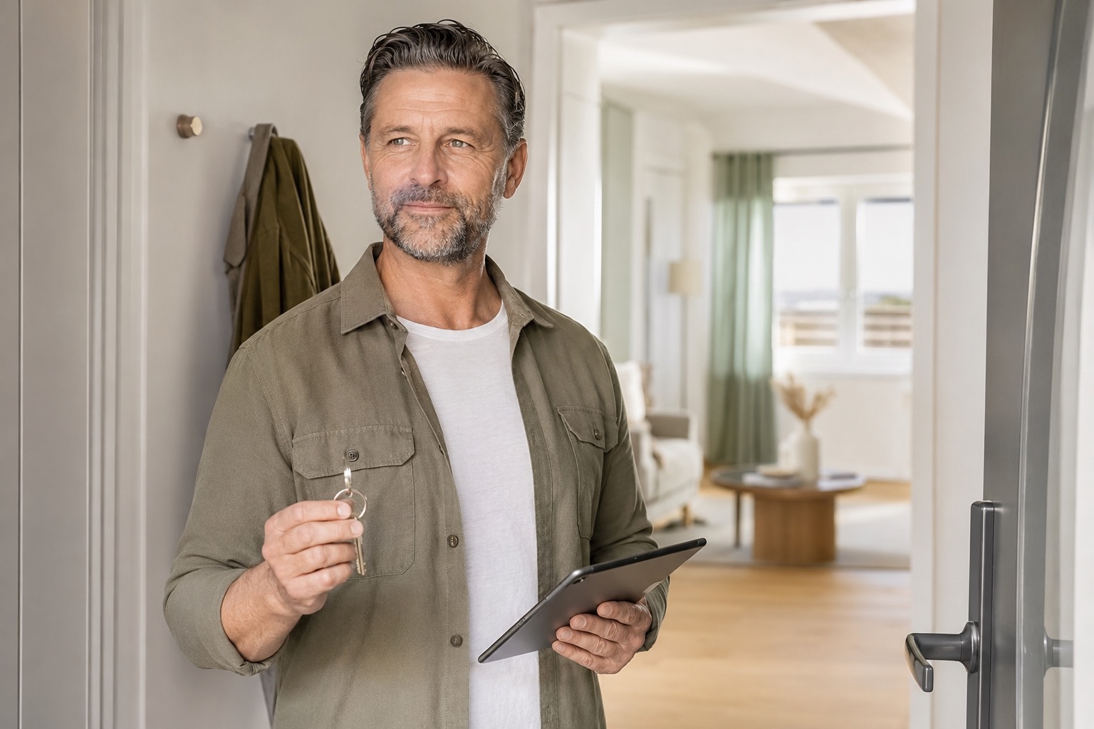 Ein Mann mit Schlüssel und Tablet steht im Eingangsbereich eines Ferienhauses bei der Objektbetreuung durch Favorent.
