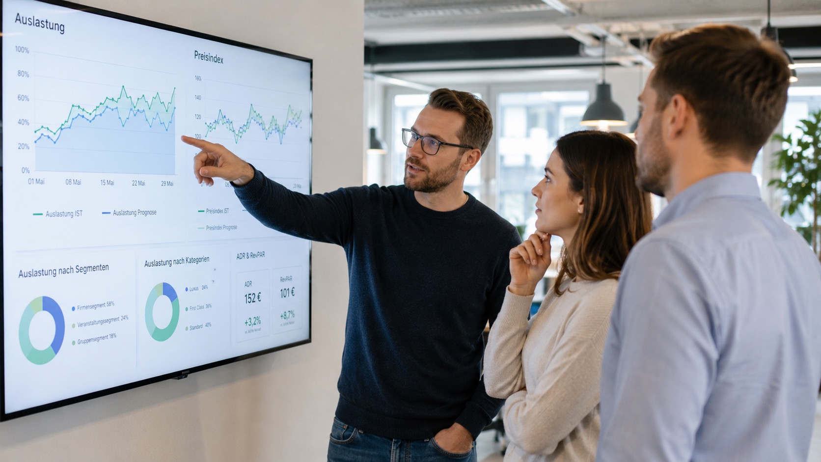 Ein Mitarbeiter analysiert mit Kollegen Statistiken zur Auslastung von Ferienimmobilien an einem großen Wandmonitor.
