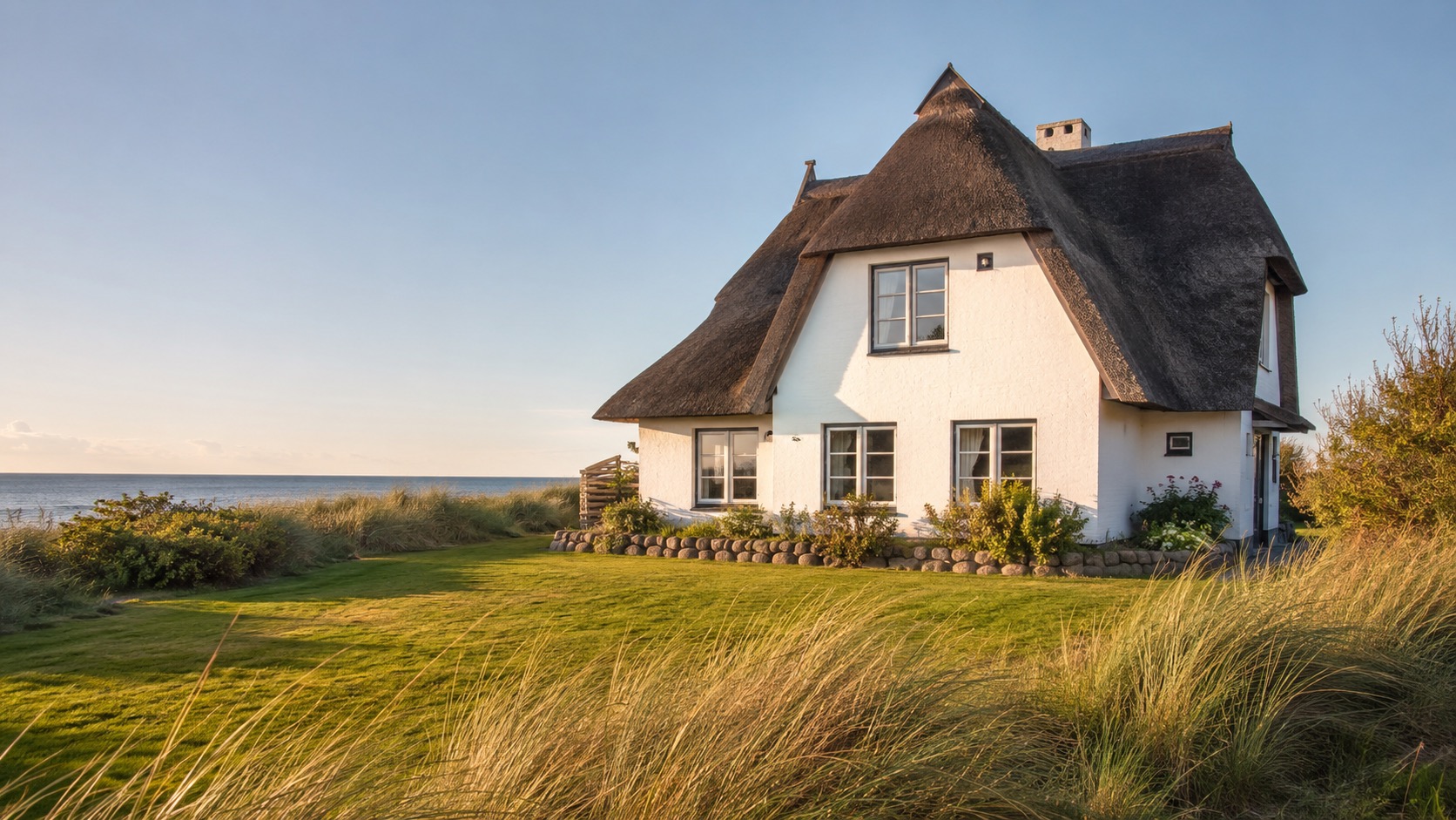 Weißes Ferienhaus mit Reetdach in Küstennähe, das professionell durch Favorent verwaltet und gepflegt wird.