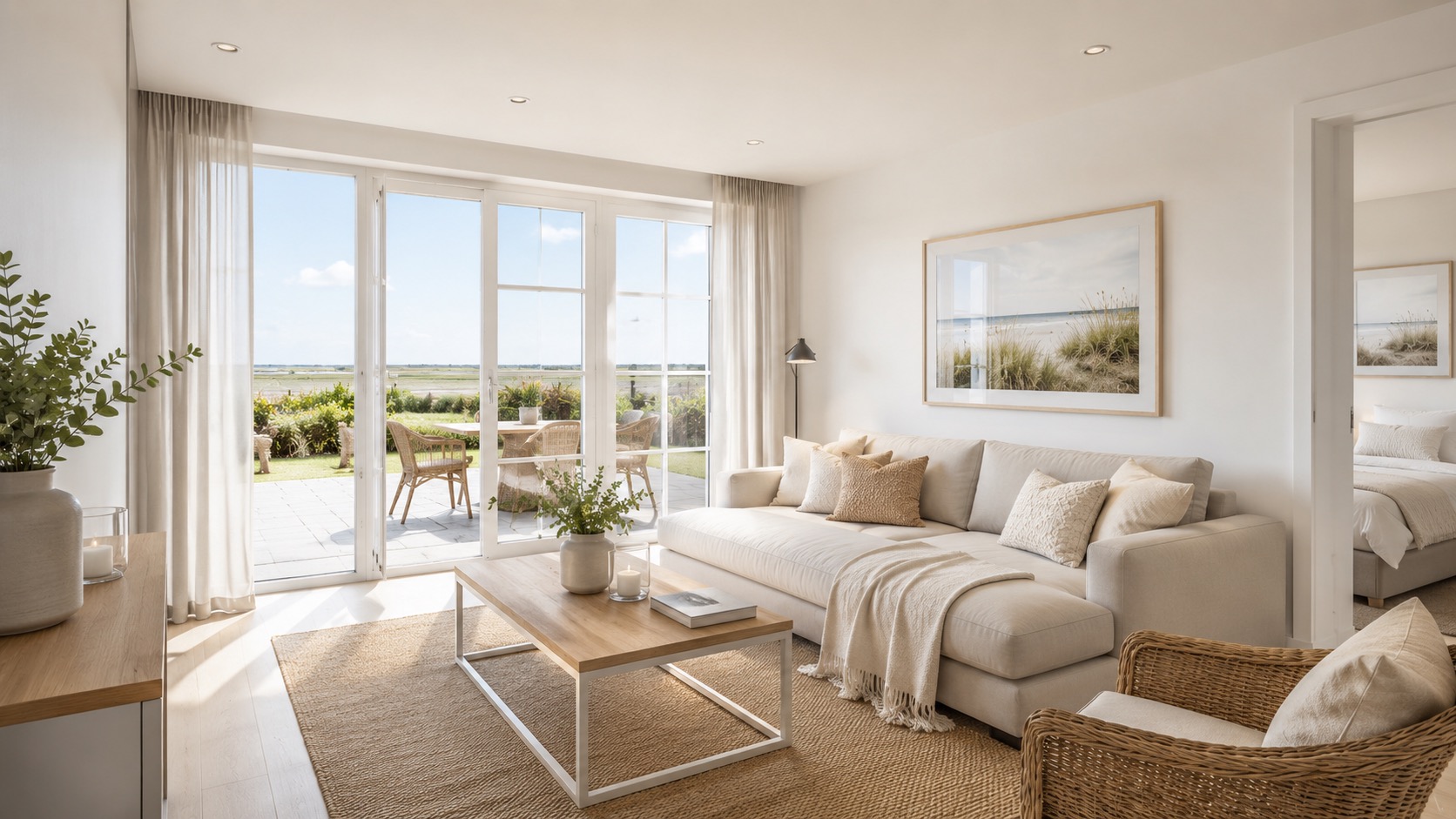 Helles Wohnzimmer einer Ferienwohnung mit Blick auf die Terrasse, gepflegt und präsentiert durch Favorent.